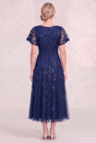 Navy Blue V-Neck Appliqued Midi Mum Of the Bride Dress with Flutter Sleeves