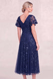 Navy Blue V-Neck Appliqued Midi Mum Of the Bride Dress with Flutter Sleeves