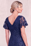 Navy Blue V-Neck Appliqued Midi Mum Of the Bride Dress with Flutter Sleeves