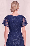 Navy Blue V-Neck Appliqued Midi Mum Of the Bride Dress with Flutter Sleeves