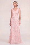 Blush Pink V-Neck Appliqued Mermaid Mum Of the Bride Dress with Sequins