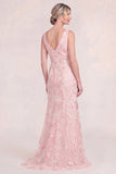 Blush Pink V-Neck Appliqued Mermaid Mum Of the Bride Dress with Sequins