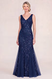 Blush Pink V-Neck Appliqued Mermaid Mum Of the Bride Dress with Sequins