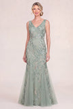 Blush Pink V-Neck Appliqued Mermaid Mum Of the Bride Dress with Sequins
