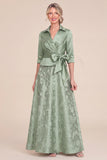 Green Collar A Line Jacquard Mum of the Bride Dress with Sash