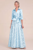Green Collar A Line Jacquard Mum of the Bride Dress with Sash
