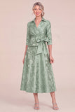 Sky Blue Jacquard Collar Midi Mum of the Bride Dress with Sash