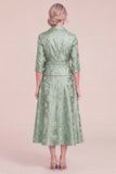 Sky Blue Jacquard Collar Midi Mum of the Bride Dress with Sash