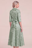 Sky Blue Jacquard Collar Midi Mum of the Bride Dress with Sash