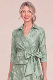 Sky Blue Jacquard Collar Midi Mum of the Bride Dress with Sash