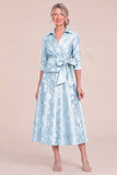 Sky Blue Jacquard Collar Midi Mum of the Bride Dress with Sash