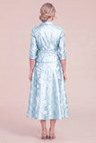 Sky Blue Jacquard Collar Midi Mum of the Bride Dress with Sash