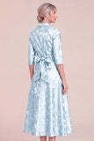 Sky Blue Jacquard Collar Midi Mum of the Bride Dress with Sash