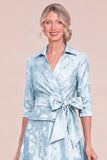 Sky Blue Jacquard Collar Midi Mum of the Bride Dress with Sash