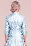 Sky Blue Jacquard Collar Midi Mum of the Bride Dress with Sash