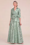 Jacquard A Line Green Long Mum of the Bride Dress with Sash