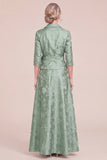 Jacquard A Line Green Long Mum of the Bride Dress with Sash