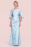 Mermaid Sky Blue Jacquard Mum of the Bride Dress with Cape