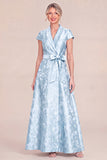 Jacquard Sky Blue Shawl Lapel Mum of the Bride Dress with Sash