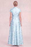 Jacquard Sky Blue Shawl Lapel Mum of the Bride Dress with Sash