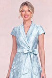 Jacquard Sky Blue Shawl Lapel Mum of the Bride Dress with Sash