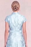 Jacquard Sky Blue Shawl Lapel Mum of the Bride Dress with Sash