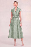 Jacquard Green Mum of the Bride Dress with Sash