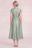 Jacquard Green Mum of the Bride Dress with Sash