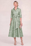 Sky Blue A Line Jacquard Midi Mum of the Bride Dress with Sash