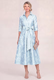 Sky Blue A Line Jacquard Midi Mum of the Bride Dress with Sash
