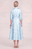 Sky Blue A Line Jacquard Midi Mum of the Bride Dress with Sash