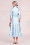 Sky Blue A Line Jacquard Midi Mum of the Bride Dress with Sash