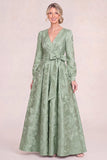 Green V-Neck Jacquard Long Sleeve Mum of the Bride Dress
