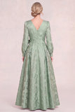 Green V-Neck Jacquard Long Sleeve Mum of the Bride Dress