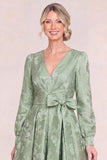 Green V-Neck Jacquard Long Sleeve Mum of the Bride Dress
