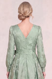 Green V-Neck Jacquard Long Sleeve Mum of the Bride Dress