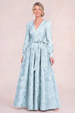 Green V-Neck Jacquard Long Sleeve Mum of the Bride Dress