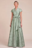 Sky Blue Jacquard Cap Sleeve Long Mum of the Bride Dress