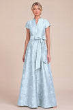 Sky Blue Jacquard Cap Sleeve Long Mum of the Bride Dress