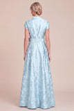 Sky Blue Jacquard Cap Sleeve Long Mum of the Bride Dress