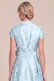 Sky Blue Jacquard Cap Sleeve Long Mum of the Bride Dress