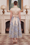 Champagne Jacquard Midi Mum of the Bride Dress with Cap Sleeves