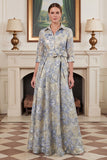 Dusty Blue A Line Jacquard Mum of the Bride Dress with 3/4 Sleeves