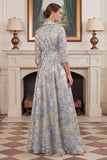 Dusty Blue A Line Jacquard Mum of the Bride Dress with 3/4 Sleeves