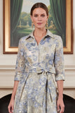Dusty Blue A Line Jacquard Mum of the Bride Dress with 3/4 Sleeves