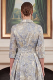 Dusty Blue A Line Jacquard Mum of the Bride Dress with 3/4 Sleeves