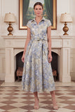 Jacquard A Line Dusty Blue Midi Mum of the Bride Dress with Sash