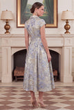 Jacquard A Line Dusty Blue Midi Mum of the Bride Dress with Sash