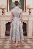 Jacquard A Line Dusty Blue Midi Mum of the Bride Dress with Sash
