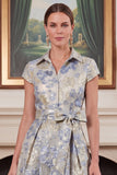 Jacquard A Line Dusty Blue Midi Mum of the Bride Dress with Sash
